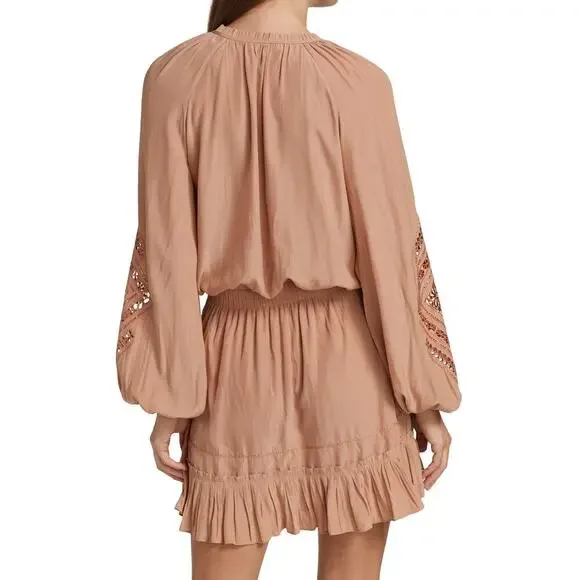 Ramy Brook Emmett Carmel Ruffle Boho Mini Dress Long Sleeve Smocked M Like New - Picture 2 of 9